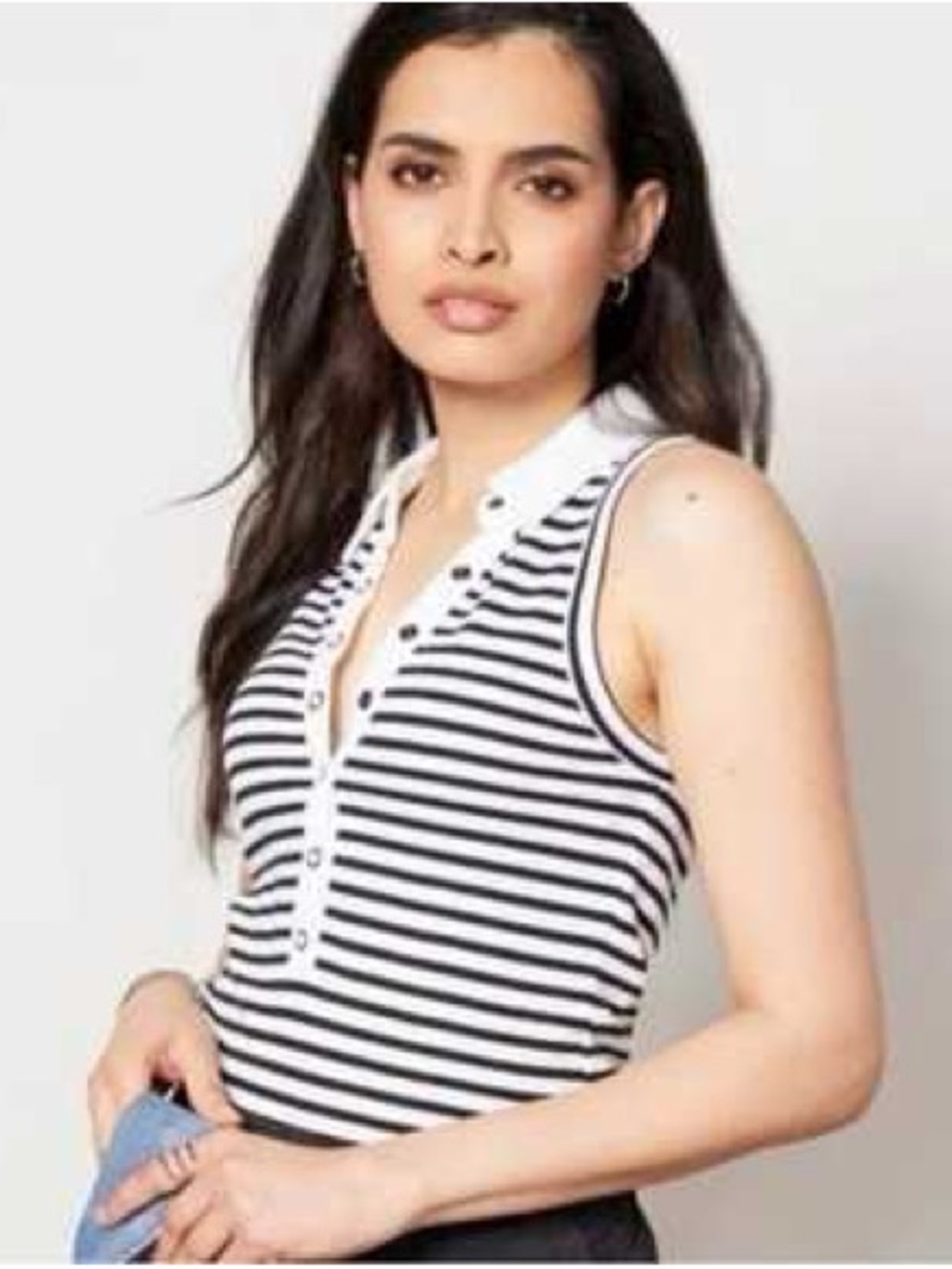 Evereve Striped Sleeveless Polo Tank Top - Black & White Medium